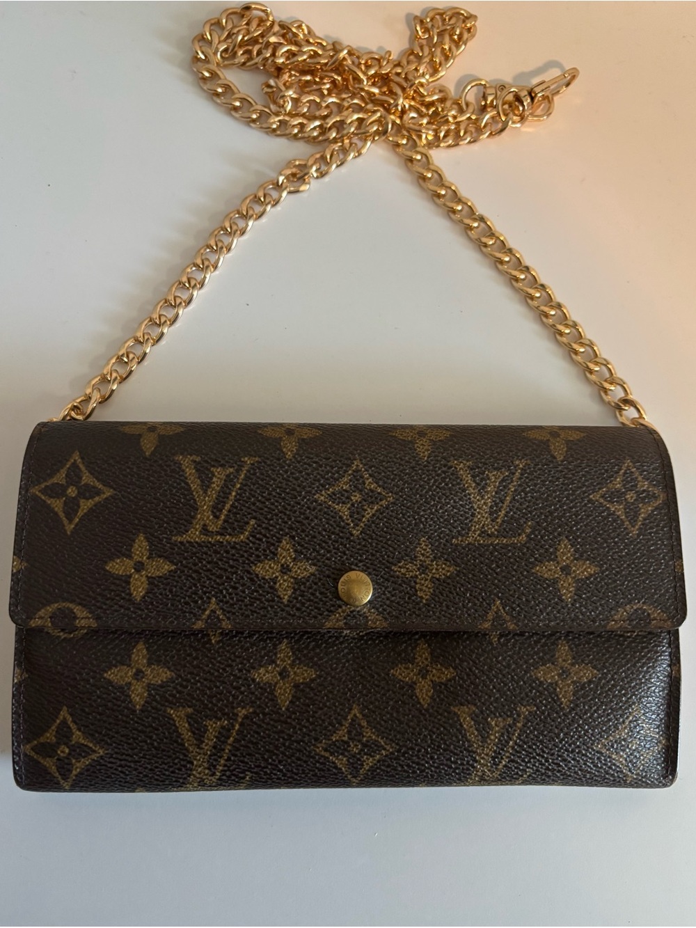 Louis Vuitton Monogram Crossbody Wallet in Brown with Gold Chain Strap